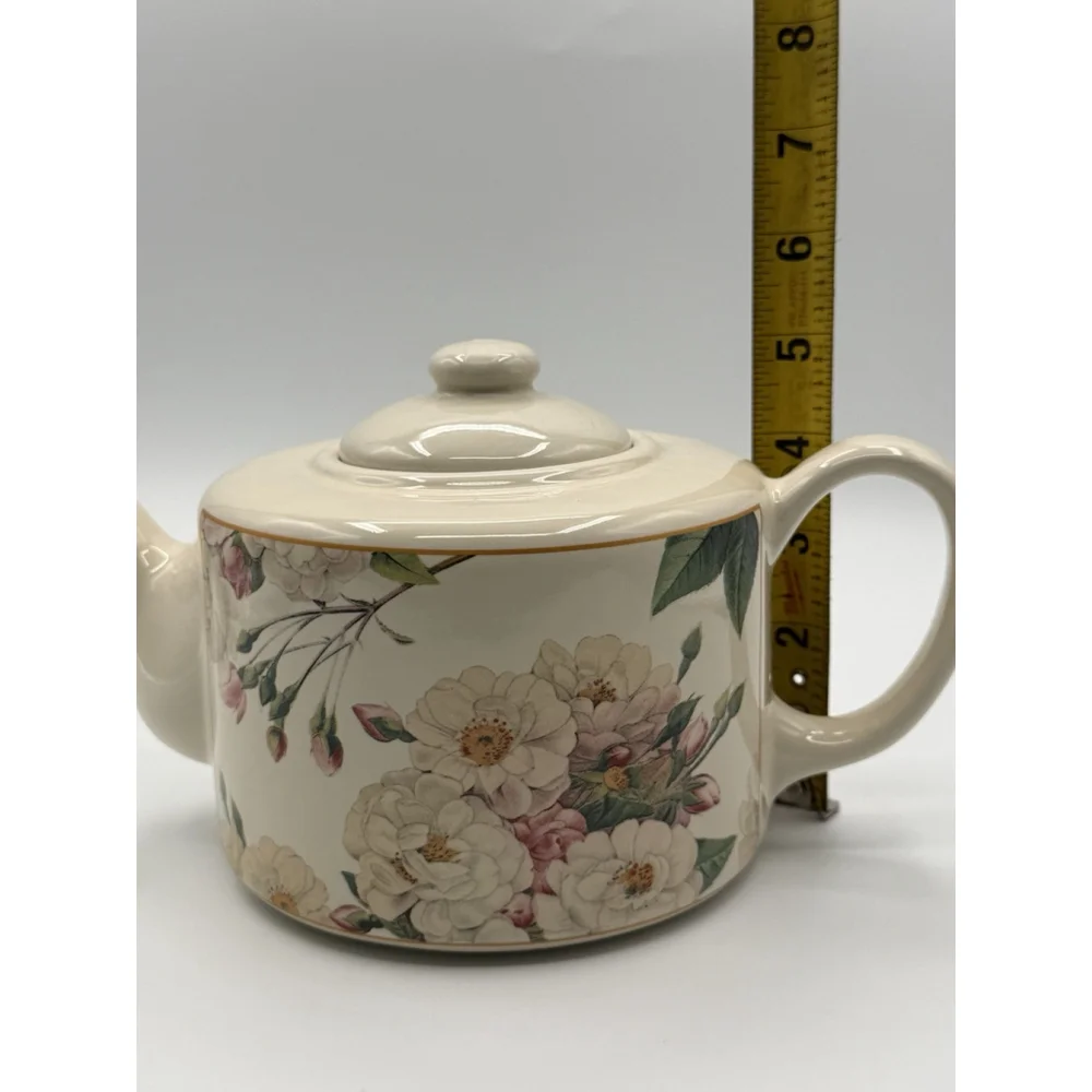 Vintage Hallmark Hawthorne Manor Floral Wild Roses Flat Top Teapot Gold Accents
